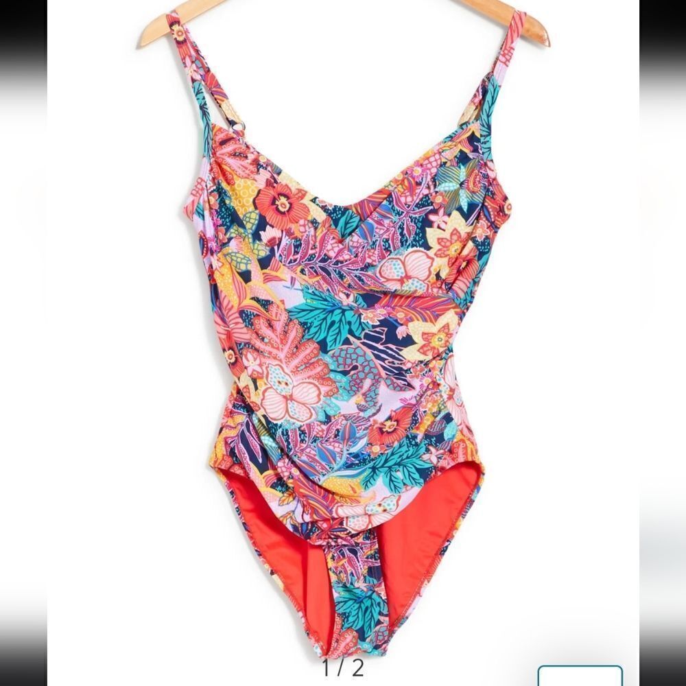 Caribbean Joe Vibrant Paradise Draped Side Ruche One Piece swimsuit sz 10